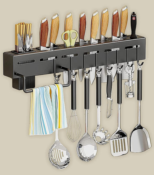 Kitchen Shelf Wall Mount Knife Holder,Towel Hanger, Spatula Ladle Hanging Hooks, Cutlery Holder